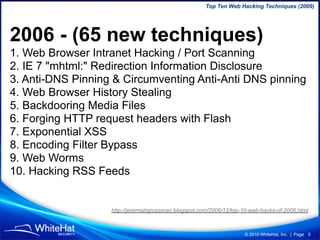 Top Ten Web Hacking Techniques (2009)




2006 - (65 new techniques)
1. Web Browser Intranet Hacking / Port Scanning
2. IE...