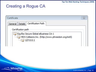 Top Ten Web Hacking Techniques (2009)

Creating a Rogue CA




                                   © 2010 WhiteHat, Inc. | ...