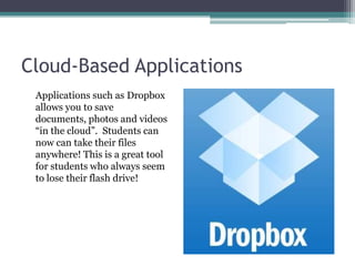 Cloud-Based Applications	Applications such as Dropbox allows you to save documents, photos and videos “in the cloud”.  Students can now can take their files anywhere! This is a great tool for students who always seem to lose their flash drive!