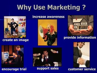 Why Use Marketing ? create an image encourage trial increase awareness support sales customer service provide information 