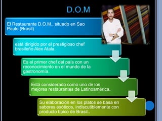El Restaurante D.O.M., situado en Sao
Paulo (Brasil)


   está dirigido por el prestigioso chef
   brasileño Alex Atala.

       Es el primer chef del país con un
       reconocimiento en el mundo de la
       gastronomía.

           Está considerado como uno de los
           mejores restaurantes de Latinoamérica.

               Su elaboración en los platos se basa en
               sabores exóticos, indiscutiblemente con
               producto típico de Brasil..
 