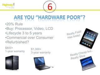 6
•20% Rule
•Buy: Processor, Video, LCD
•Lifecycle 3 to 5 years
•Commercial over Consumer
•Refurbished?
$800+             $1,300+
1-year warranty   3-year warranty
 