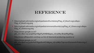 reference
• http://upload.wikimedia.org/wikipedia/en/thumb/0/05/Flag_of_Brazil.svg/1280px-
Flag_of_Brazil.svg.png
• http://upload.wikimedia.org/wikipedia/commons/thumb/1/19/Flag_of_Ghana.svg/1280px-
Flag_of_Ghana.svg.png
• https://www.google.co.in/?
gfe_rd=cr&ei=wjv3U9elHqzV8geP4IHABA&gws_rd=ssl#q=Brazil%3Aflag
• http://www.alltop10list.com/top-10-list-of-diamond-producing-country-2/
• https://www.google.co.in/?
gfe_rd=cr&ei=wzj3U8uPIafV8ged6oHICA&gws_rd=ssl#q=Top+10+Diamond+Producing+C
ountries.
 