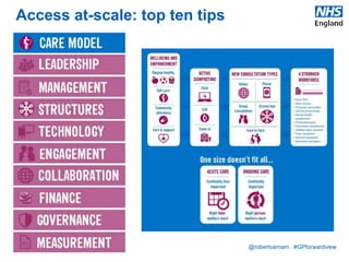 @robertvarnam #GPforwardview
Access at-scale: top ten tips
 