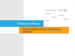 关于 Tableau Software
http://www.tableausoftware.com/business-intelligence
Tableau Software（NYSE：DATA）可
帮助人员查看和了解数据。Tableau 可
帮助任何人快速分析、显示和共享信
息。超过 15,000 个客户帐户使用
Tableau 在办公室和旅途中快速获得结
果。数万人使用Tableau Public 在他们
的博客和网站中共享数据。
 