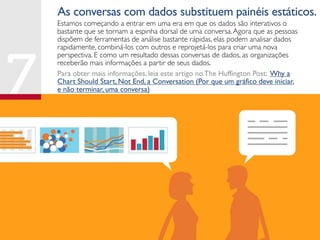 As conversas com dados substituem painéis estáticos.
Estamos começando a entrar em uma era em que os dados são interativos o
bastante que se tornam a espinha dorsal de uma conversa.Agora que as pessoas
dispõem de ferramentas de análise bastante rápidas, elas podem analisar dados
rapidamente, combiná-los com outros e reprojetá-los para criar uma nova
perspectiva. E como um resultado dessas conversas de dados, as organizações
receberão mais informações a partir de seus dados.
Para obter mais informações, leia este artigo no The Huffington Post: Why a
Chart Should Start, Not End, a Conversation (Por que um gráfico deve iniciar,
e não terminar, uma conversa)
 