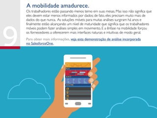 A mobilidade amadurece.
Os trabalhadores estão passando menos temo em suas mesas. Mas isso não significa que
eles devem estar menos informados por dados; de fato, eles precisam muito mais de
dados do que nunca. As soluções móveis para muitas análises surgiram há anos e
finalmente estão alcançando um nível de maturidade que significa que os trabalhadores
móveis podem fazer análises simples em movimento. E a ênfase na mobilidade forçou
os fornecedores a oferecerem mais interfaces naturais e intuitivas de modo geral.
Para obter mais informações, veja esta demonstração de análise incorporada
no SalesforceOne.
 