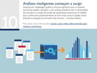 Análises inteligentes começam a surgir.
Avanços em modelagem gráfica e intuitiva significam que os usuários
comerciais podem começar a usar análises preditivas sem a necessidade
de consulta ou criação de scripts de especialistas extensivos.À medida
que a análise de autoatendimento se torna mais comum, tarefas como
previsão e projeção se tornarão mais comuns – e menos difíceis.
Para obter mais informações, assista a este vídeo sobre previsão para
usuários comerciais.
 