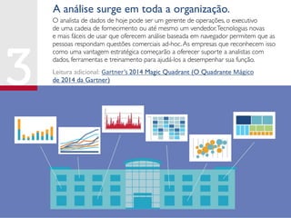 A análise surge em toda a organização.
O analista de dados de hoje pode ser um gerente de operações, o executivo
de uma cadeia de fornecimento ou até mesmo um vendedor.Tecnologias novas
e mais fáceis de usar que oferecem análise baseada em navegador permitem que as
pessoas respondam questões comerciais ad-hoc.As empresas que reconhecem isso
como uma vantagem estratégica começarão a oferecer suporte a analistas com
dados, ferramentas e treinamento para ajudá-los a desempenhar sua função.
Leitura adicional: Gartner’s 2014 Magic Quadrant (O Quadrante Mágico
de 2014 da Gartner)
 