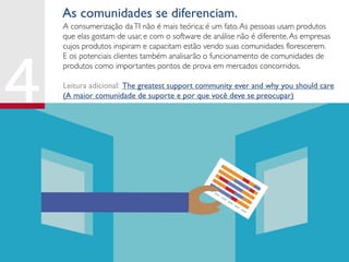As comunidades se diferenciam.
A consumerização daTI não é mais teórica; é um fato.As pessoas usam produtos
que elas gostam de usar, e com o software de análise não é diferente.As empresas
cujos produtos inspiram e capacitam estão vendo suas comunidades florescerem.
E os potenciais clientes também analisarão o funcionamento de comunidades de
produtos como importantes pontos de prova em mercados concorridos.
Leitura adicional: The greatest support community ever and why you should care
(A maior comunidade de suporte e por que você deve se preocupar)
 