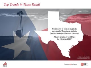 Top Trends in Texas Retail
The economy of Texas is roughly the
same as all of Scandinavia, including
Sweden, Norway and Denmark combined.
If it were a nation, it would have
the 11th largest GDP.
Source: 2014 GDP Estimates,
U.S. Bureau of Economic Analysis
and International Monetary Fund
 