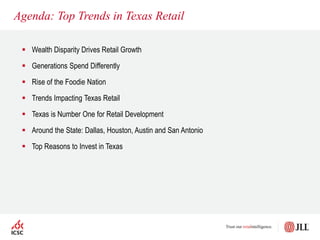 Agenda: Top Trends in Texas Retail
 Wealth Disparity Drives Retail Growth
 Generations Spend Differently
 Rise of the Foodie Nation
 Trends Impacting Texas Retail
 Texas is Number One for Retail Development
 Around the State: Dallas, Houston, Austin and San Antonio
 Top Reasons to Invest in Texas
 