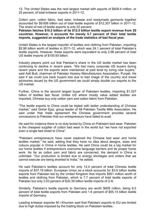 12. The United States was the next largest market with exports of $409.4 million, or
25 percent, of total knitwear exports in 2011-12.
Cotton yarn, cotton fabric, bed wear, knitwear and readymade garments together
accounted for $9.606 billion out of total textile exports of $12.357 billion in 2011-12.
The share of rest of textile exports is only 22 percent.
Pakistan fetches $10.2 billion of its $12.5 billion textile export revenue from 20
countries. However, it accounts for merely 5.7 percent of their total textile
imports, suggested an analysis of the trade statistics of last fiscal year.
United States is the largest importer of textiles and clothing from Pakistan, importing
$2.98 billion worth of textiles in 2011-12, which was 24.1 percent of total Pakistan‟s
textile exports. However, these exports were equivalent to only 2.98 percent of total
US textile imports of $100.93 billion.
Industry players point out that Pakistan‟s share in the US textile market has been
continuing to decline in recent years. “We lost many corporate US buyers during
recent years and the exports were maintained at past level by luring new buyers,”
said Adil Butt, chairman of Pakistan Hosiery Manufacturers Association, Punjab. He
said if we could lure back buyers lost due to bad image of the country and travel
advisories issued by the US government we could simply double our exports to the
US market.
Further, China is the second largest buyer of Pakistani textiles, importing $1.527
billion of textiles last fiscal. Unlike US where mostly value added textiles are
imported, Chinese buy only cotton yarn and cotton fabric from Pakistan.
“The textile exports to China could be tripled with better understanding of Chinese
market,” said Gohar Ejaz, group leader of All Pakistan Textile Mills Association. He
said under free trade agreement the Chinese government provides several
concessions to Pakistan that our entrepreneurs have failed to avail.
He said for instance there is no duty levied by China on Pakistani bed wear. Pakistan
is the cheapest supplier of cotton bed wear in the world but “we have not exported
even a single bed sheet to China”.
“Pakistani entrepreneurs have never explored the Chinese bed wear and home
textiles market,” he said, adding that they have no idea about designs, sizes and
colours popular in China in home textiles. He said China could be a big market for
our home textiles if entrepreneurs overcome language barriers and do proper home
work. As far as cotton yarn and fabric are concerned, the demand in China is
unlimited. “Our production is limited due to energy shortages and orders that we
cannot execute are being diverted to India,” he added.
He said Pakistan‟s textiles account for only 12.4 percent of total Chinese textile
imports of $37.19 billion. European Union as a block accounts for $3.6 billion textile
exports from Pakistan led by the United Kingdom that imports $951 million worth of
textiles and clothing from Pakistan, which is 7.7 percent of total textile exports of
Pakistan but only 3.03 percent of $32.39 billion textile imports of U.K.
Similarly, Pakistan‟s textile exports to Germany are worth $809 million, being 6.5
percent of total textile exports from Pakistan and 1.6 percent of $55.14 billion textile
imports of Germany.
Leading knitwear exporter M I Khurram said that Pakistani exports to EU are limited
due to high duties imposed by the trading block on Pakistani textiles.
 