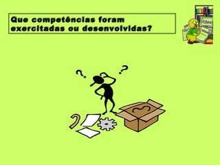 Que competências foram
exercitadas ou desenvolvidas?
 