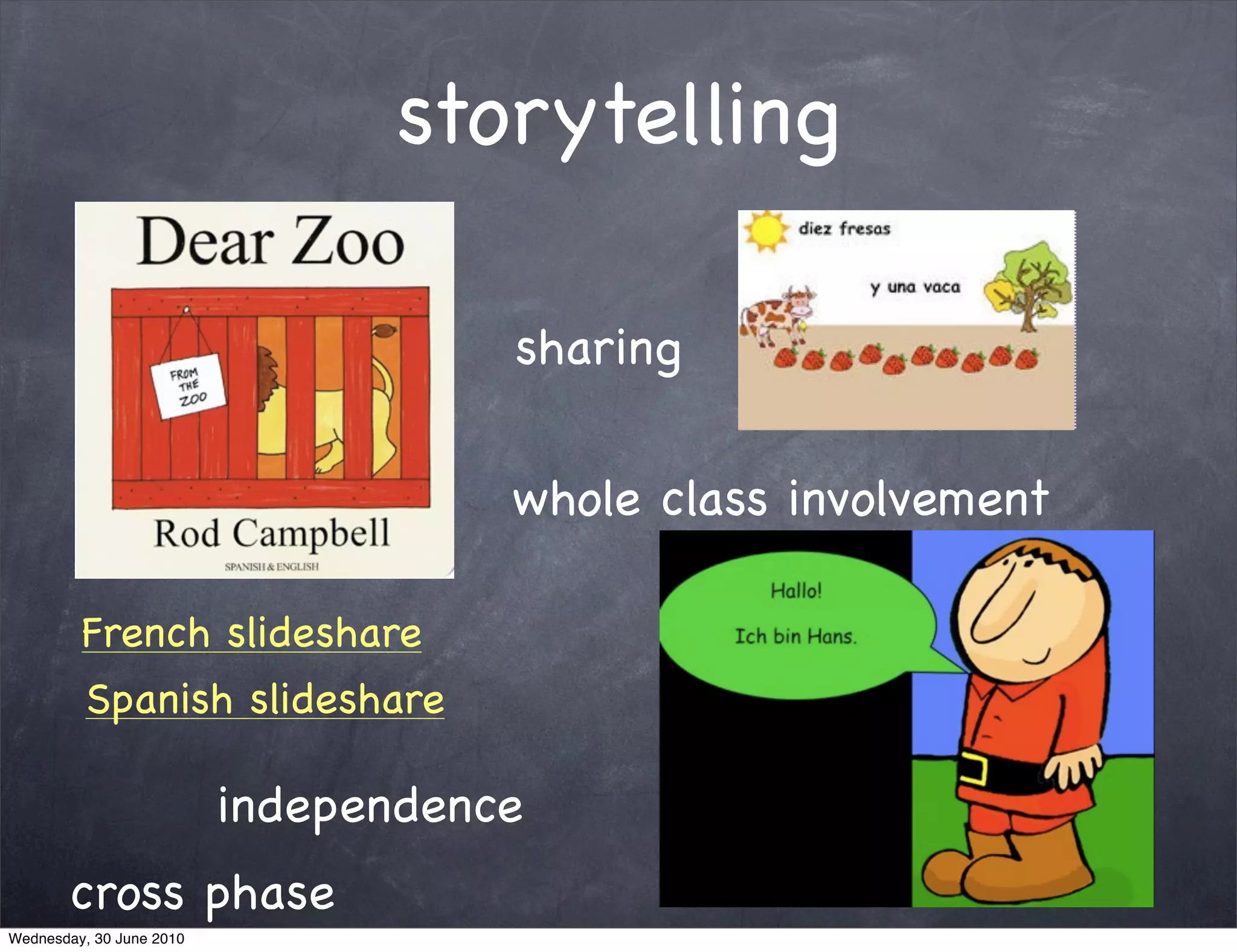 storytelling

                                     sharing

                                     whole class involvement

         French slideshare
          Spanish slideshare

                          independence
       cross phase
Wednesday, 30 June 2010
 