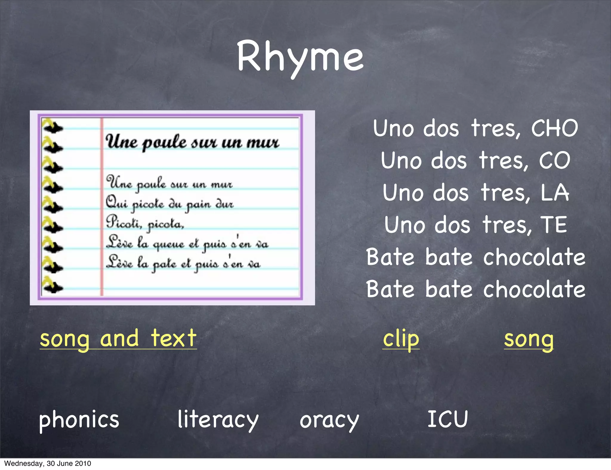 Rhyme
                                             Uno dos tres, CHO
                                              Uno dos tres, CO
                                              Uno dos tres, LA
                                              Uno dos tres, TE
                                             Bate bate chocolate
                                             Bate bate chocolate
         song and text                        clip         song


        phonics           literacy   oracy           ICU
Wednesday, 30 June 2010
 