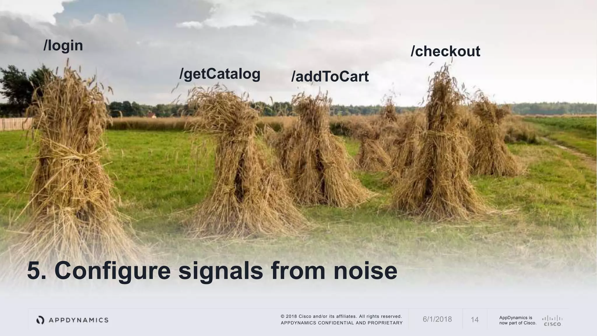 © 2018 Cisco and/or its affiliates. All rights reserved.
APPDYNAMICS CONFIDENTIAL AND PROPRIETARY
AppDynamics is
now part of Cisco.
5. Configure signals from noise
146/1/2018
/login
/getCatalog /addToCart
/checkout
 