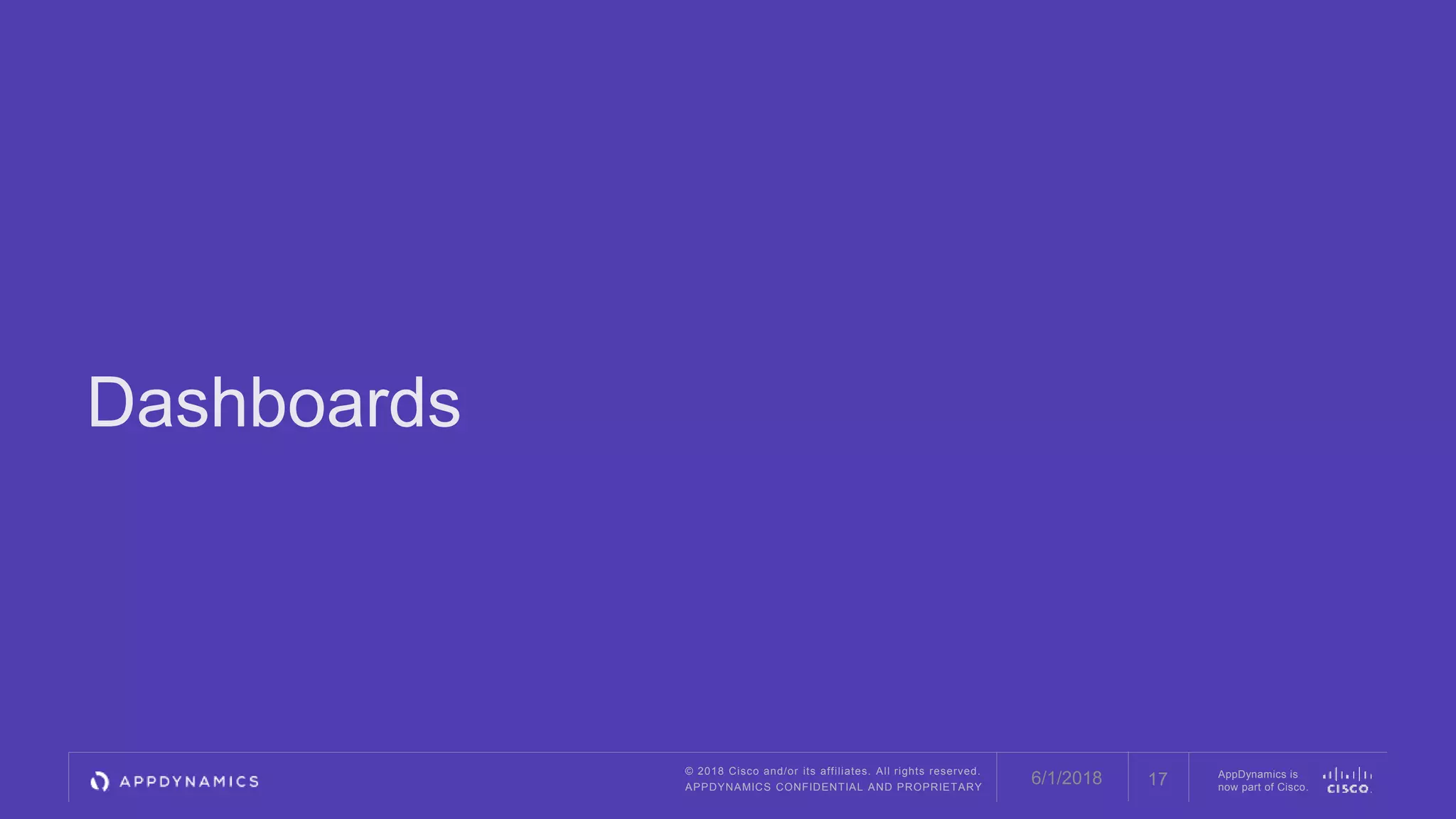 © 2018 Cisco and/or its affiliates. All rights reserved.
APPDYNAMICS CONFIDENTIAL AND PROPRIETARY
AppDynamics is
now part of Cisco.
Dashboards
176/1/2018
 