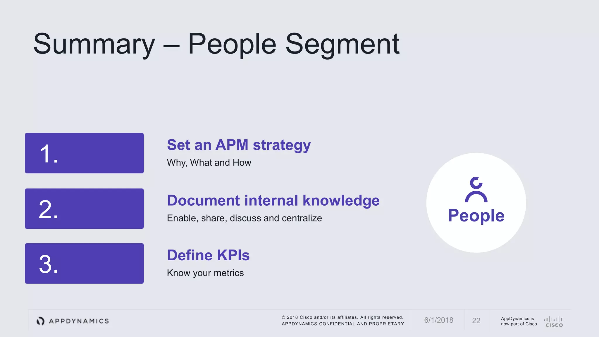 © 2018 Cisco and/or its affiliates. All rights reserved.
APPDYNAMICS CONFIDENTIAL AND PROPRIETARY
AppDynamics is
now part of Cisco.
1.
Set an APM strategy
Why, What and How
2.
Document internal knowledge
Enable, share, discuss and centralize
3.
Define KPIs
Know your metrics
Summary – People Segment
226/1/2018
People
 