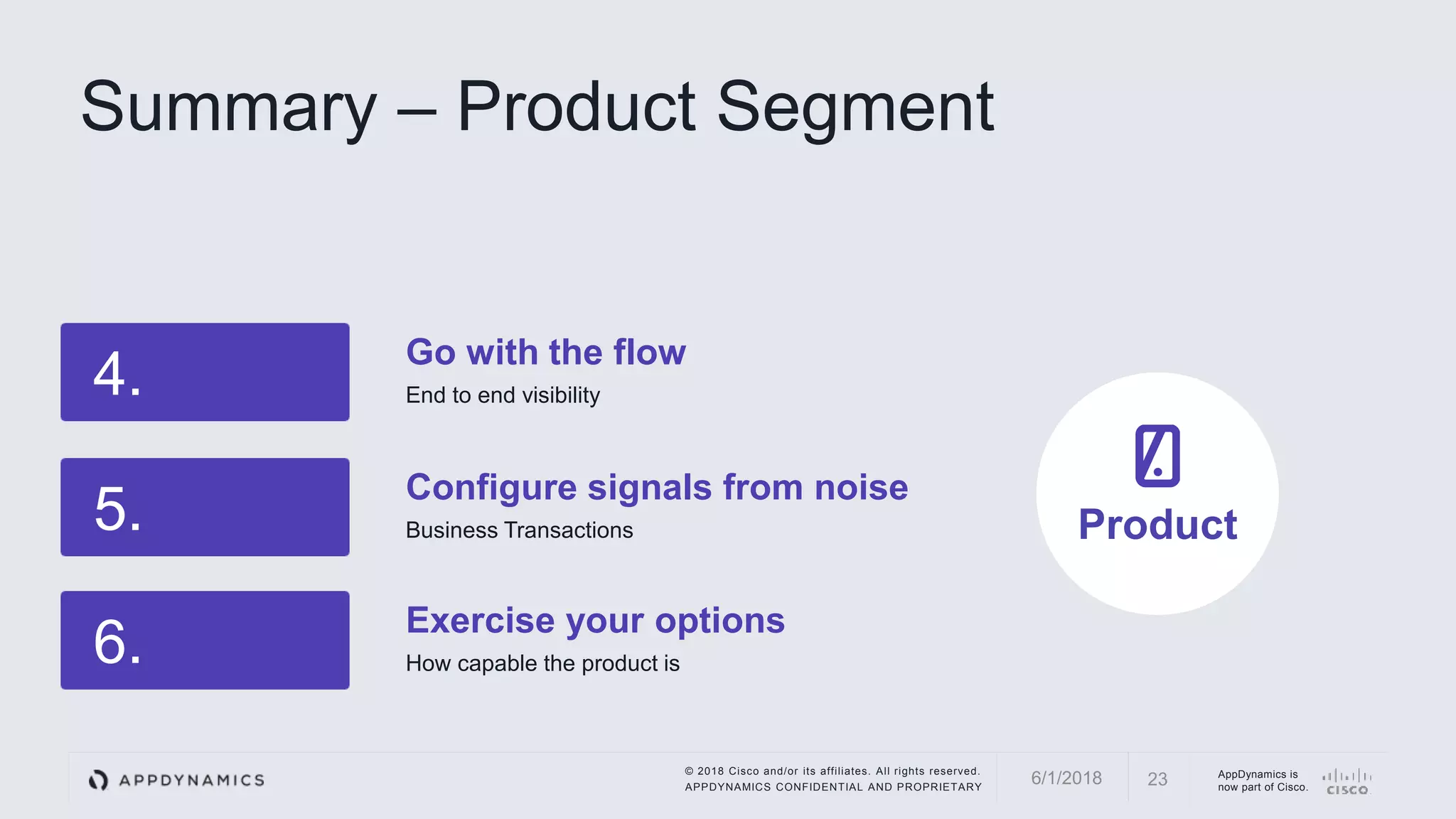 © 2018 Cisco and/or its affiliates. All rights reserved.
APPDYNAMICS CONFIDENTIAL AND PROPRIETARY
AppDynamics is
now part of Cisco.
4.
Go with the flow
End to end visibility
5.
Configure signals from noise
Business Transactions
6.
Exercise your options
How capable the product is
Summary – Product Segment
236/1/2018
Product
 
