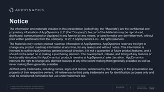 © 2018 Cisco and/or its affiliates. All rights reserved.
APPDYNAMICS CONFIDENTIAL AND PROPRIETARY
AppDynamics is
now part of Cisco.26/1/2018
The information and materials included in this presentation (collectively, the “Materials”) are the confidential and
proprietary information of AppDynamics LLC (the “Company”). No part of the Materials may be reproduced,
distributed, communicated or displayed in any form or by any means, or used to make any derivative work, without
prior written permission from the Company. © 2018 AppDynamics LLC. All rights reserved.
The Materials may contain product roadmap information of AppDynamics. AppDynamics reserves the right to
change any product roadmap information at any time, for any reason and without notice. This information is
intended to outline AppDynamics' general product direction, it is not a guarantee of future product features, and it
should not be relied on in making a purchasing decision. The development, release, and timing of any features or
functionality described for AppDynamics' products remains at AppDynamics' sole discretion. AppDynamics
reserves the right to change any planned features at any time before making them generally available as well as
never making them generally available
All third party trademarks, including names, logos and brands, referenced by the Company in this presentation are
property of their respective owners. All references to third party trademarks are for identification purposes only and
shall be considered nominative fair use under trademark law.
Notice
 