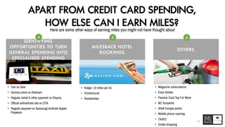 APART FROM CREDIT CARD SPENDING,
HOW ELSE CAN I EARN MILES?
Here are some other ways of earning miles you might not have thought about
I D E N T IFYING
O P P ORT UNITIE S TO T U RN
G E N E RAL S P EN D ING I N TO
S P E C IALISE D S P EN D ING
4
M I LESBAC K H OT EL
BO OK INGS
OT H ERS
5 6
• Taxi vs Uber
• Grocery store vs Redmart
• Regular rental & other payment vs iPaymy
• Official airline/hotel site vs OTA
• Regular payment vs Samsung/ Android/ Apple/
Paywave
• Kaligo- 10 miles per $1
• Pointshound
• Rocketmiles
• Magazine subscriptions
• Esso Smiles
• Passion Card Tap For More
• M1 Sunperks
• Shell Escape points
• Mobile phone roaming
• Club21
• Outlet shopping
23
 