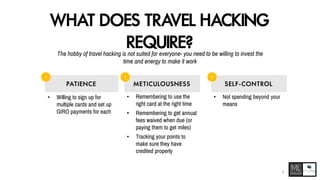 WHAT DOES TRAVEL HACKING
REQUIRE?The hobby of travel hacking is not suited for everyone- you need to be willing to invest the
time and energy to make it work
PAT IEN CE M E T ICU LOUSNESS
1 2
• Willing to sign up for
multiple cards and set up
GIRO payments for each
• Remembering to use the
right card at the right time
• Remembering to get annual
fees waived when due (or
paying them to get miles)
• Tracking your points to
make sure they have
credited properly
S E L F - CONTROL
3
• Not spending beyond your
means
6
 