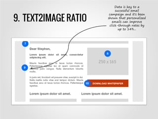 9. TEXT2IMAGE RATIO
Data is key to a
successful email
campaign and it's been
shown that personalized
emails can improve
click-through rates by
up to 14%...
 