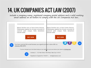 14. UK COMPANIES ACT LAW (2007)
Include a company name, registered company postal address and a valid working
email address on all footers to comply with the UK Companies Act law...
 