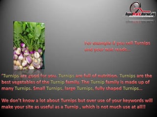 For example if you sell Turnips and your text reads…‘Turnips are good for you. Turnips are full of nutrition. Turnips are the best vegetables of the Turnip family. The Turnip family is made up of many Turnips. Small Turnips, large Turnips, fully shaped Turnips…We don’t know a lot about Turnips but over use of your keywords will make your site as useful as a Turnip , which is not much use at all!!
