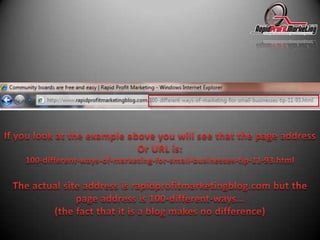 If you look at the example above you will see that the page addressOr URL is:100-different-ways-of-marketing-for-small-businesses-tip-11-93.htmlThe actual site address is rapidprofitmarketingblog.com but the page address is 100-different-ways…(the fact that it is a blog makes no difference)