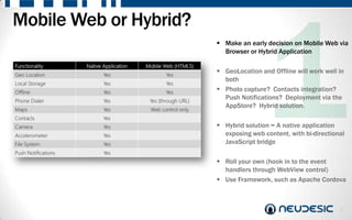 Mobile Web or Hybrid?
                         Make an early decision on Mobile Web via
                          Browser or Hybrid Application

                         GeoLocation and Offline will work well in
                          both
                         Photo capture? Contacts integration?
                          Push Notifications? Deployment via the
                          AppStore? Hybrid solution.

                         Hybrid solution = A native application
                          exposing web content, with bi-directional
                          JavaScript bridge

                         Roll your own (hook in to the event
                          handlers through WebView control)
                         Use Framework, such as Apache Cordova



                                                                 4
 