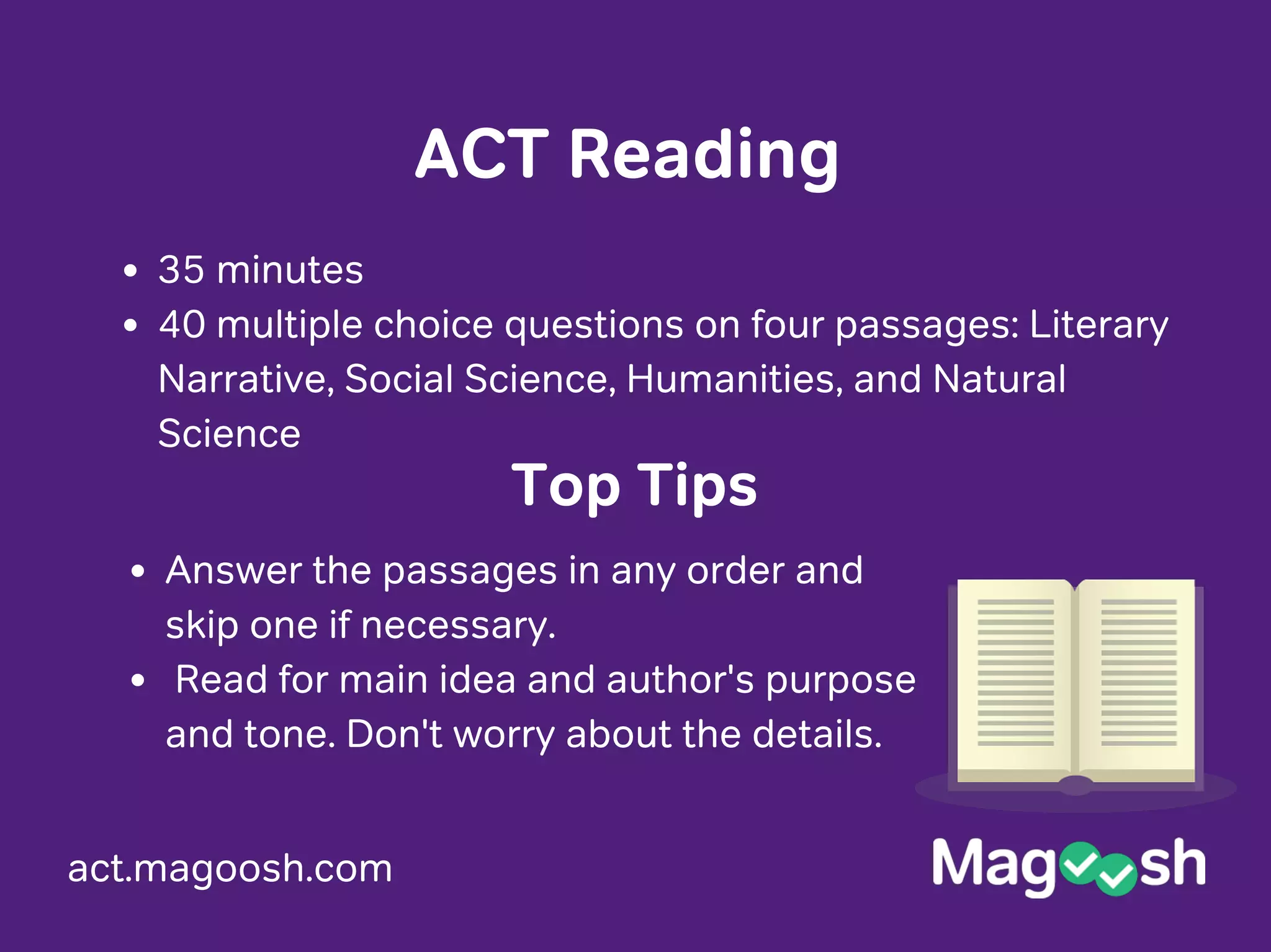 act.magoosh.com
ACT Reading
35 minutes
40 multiple choice questions on four passages: Literary
Narrative, Social Science, Humanities, and Natural
Science
Answer the passages in any order and
skip one if necessary.
Read for main idea and author's purpose
and tone. Don't worry about the details.
Top Tips
 