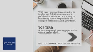 With many companies continuing to
implement full-time remote work
policies due to COVID-19, you may be
wondering how to keep morale and
engagement levels high in your team.
TOP TIPS:
How to keep employees engaged whilst
working from home...
STRATEGY | PEOPLE | PROCESS |TECHNOLOGY
 