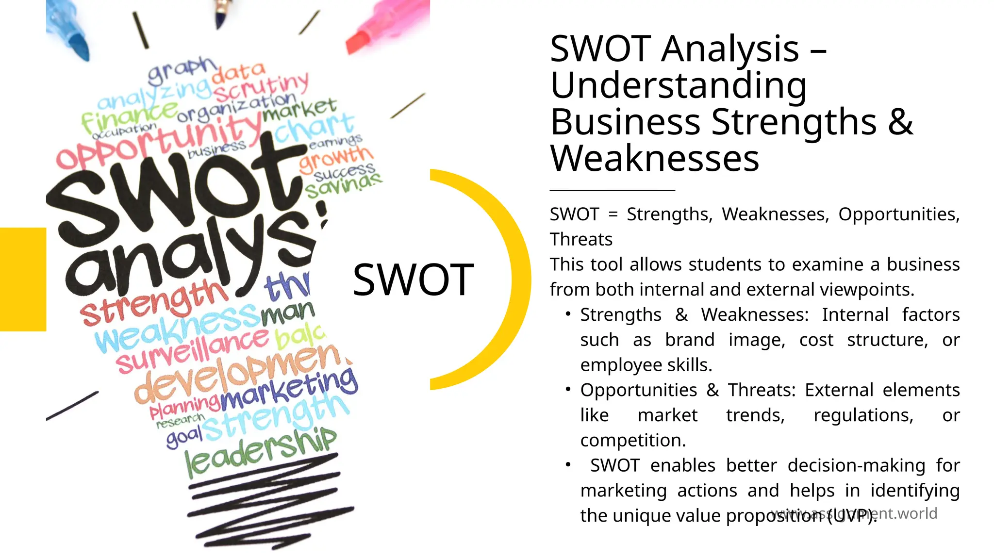 www.assignment.world
SWOT
SWOT = Strengths, Weaknesses, Opportunities,
Threats
This tool allows students to examine a business
from both internal and external viewpoints.
• Strengths & Weaknesses: Internal factors
such as brand image, cost structure, or
employee skills.
• Opportunities & Threats: External elements
like market trends, regulations, or
competition.
• SWOT enables better decision-making for
marketing actions and helps in identifying
the unique value proposition (UVP).
SWOT Analysis –
Understanding
Business Strengths &
Weaknesses
 