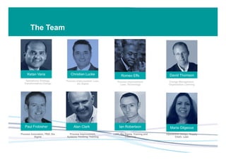 The kinetik team
Ketan Varia Romeo Effs
David Thomson
Alan Clark Maria Gilgeous
Operational Strategy,
Transformative Change
Process Improvement, Lean,
Six Sigma
Process Improvement,
Lean, Technology
Change Management,
Organisation Learning
Process Innovation, TRIZ, Six
Sigma
Process Improvement,
Systems Thinking, Training
Lean, Six Sigma, Training and
Coaching
Operations Design, Supply
Chain, Lean
Ian Robertson
Christian Lucke
Paul Frobisher
David Thomson
The Team
 