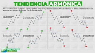 TENDENCIA ARMÓNICA
Una tendencia se compone a partir de tres impulsos y dos retrocesos. Una tendencia es directamente armónica
porque sus pausas deben ser de similar tamaño.
Dos retrocesos de
similar tamaño.
B
A
B
A
B
A
B
A
B
A
B
A
B
A
B
A
Retroceso y rango
de similar tamaño.
Dos rangos de
similar tamaño. Rango y retroceso
de similar tamaño.
Dos retrocesos de
similar tamaño. Retroceso y rango
de similar tamaño.
Dos rangos de
similar tamaño. Rango y retroceso
de similar tamaño.
 