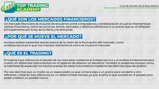 Guía de estudio de la fase teórica
Un mercado financiero es el punto de encuentro entre compradores y vendedores en el cual se intercambian
valores financieros, como las acciones, bonos, derivados y distintos elementos a un precio que se ve reflejado
principalmente por la ley de la oferta y la demanda.
Aunque existan bastantes teorías acerca de la razón de la fluctuación del mercado, como
analistas técnicos lo que nos interesa realmente es cómo se mueve el mercado.
El trading hace referencia al estudio de los mercados mediante el análisis técnico y el análisis fundamental para
invertir en diferentes instrumentos con el objetivo de obtener un beneficio. También lo podemos conocer como
la habilidad de especular los futuros precios de estos instrumentos mediante los distintos tipos de análisis.
Por eso decimos que un trader es un especulador ya que compra algo a un precio para venderlo a otro
diferente y obtener esta diferencia en un determinado tiempo, ya que analiza lo que sucedió en el pasado para
poder predecir un posible futuro.
¿QUÉ SON LOS MERCADOS FINANCIEROS?
¿POR QUÉ SE MUEVE EL MERCADO?
¿QUÉ ES EL TRADING?
 