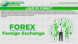 ¿QUÉ ES FOREX?
Guía de estudio de la fase teórica
Forex es el mercado internacional de divisas, el cual es descentralizado ya que carece de una ubicación local a
diferencia del mercado bursátil como la bolsa de valores. Este mercado es el más grande del mundo y a la vez el de
mayor protección debido a su descomunal volumen de negociación. Forex está abierto las 24 horas del día 5 días a la
semana lo que ofrece bastantes oportunidades de
inversión.
FOREX
Foreign Exchange
 
