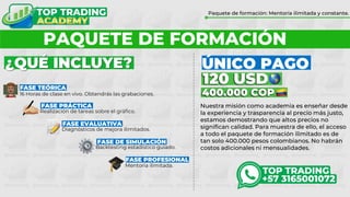 ¿POR QUÉ FORMARTE CON TOP TRADING?
Paquete de formación: Mentoría ilimitada y constante.
PAQUETE DE FORMACIÓN
Nuestra misión como academia es enseñar desde
la experiencia y trasparencia al precio más justo,
estamos demostrando que altos precios no
significan calidad. Para muestra de ello, el acceso
a todo el paquete de formación ilimitado es de
tan solo 400.000 pesos colombianos. No habrán
costos adicionales ni mensualidades.
400.000 COP
120 USD
ÚNICO PAGO
FASE TEÓRICA
FASE PRÁCTICA
FASE EVALUATIVA
FASE DE SIMULACIÓN
FASE PROFESIONAL
16 Horas de clase en vivo. Obtendrás las grabaciones.
Realización de tareas sobre el gráfico.
Diagnósticos de mejora ilimitados.
Backtesting estadístico guiado.
Mentoría ilimitada.
¿QUÉ INCLUYE?
 
