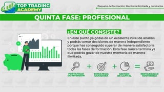 ¿POR QUÉ FORMARTE CON TOP TRADING?
Paquete de formación: Mentoría ilimitada y constante.
QUINTA FASE: PROFESIONAL
¿EN QUÉ CONSISTE?
En este punto ya gozas de un excelente nivel de análisis
y podrás tomar decisiones de manera independiente
porque has conseguido superar de manera satisfactoria
todas las fases de formación. Esta fase nunca termina ya
que podrás gozar de nuestra mentoría de manera
ilimitada.
 