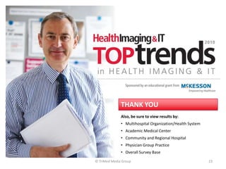 THANK YOU
              Also, be sure to view results by:
              • Multihospital Organization/Health System
              • Academic Medical Center
              • Community and Regional Hospital
              • Physician Group Practice
              • Overall Survey Base

© TriMed Media Group                                       23
 