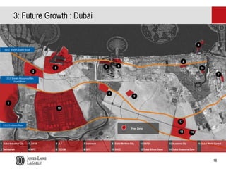 3: Future Growth : Dubai

9
E311 Sheikh Zayed Road

8
6

5

3

10

2

11

E311 Sheikh Mohamed Bin
Zayed Road

4

7

1
15

12
E311 Emirates Road

Free Zone

13

14

1 Dubai Industrial City

3 JAFZA

5 JLT

7 Dubiotech

9 Dubai Maritime City

11 DAFZA

13 Academic City

2 TechnoPark

4 IMPZ

6 TECOM

8 DIFC

10 DHCC

12 Dubai Silicon Oasis

14 Dubai Outsource Zone

15 Dubai World Central

18

 