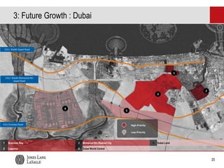 3: Future Growth : Dubai

E311 Sheikh Zayed Road

1
E311 Sheikh Mohamed Bin
Zayed Road

2

3

4

5

E311 Emirates Road

High Priority
Low Priority

1

Business Bay

3

Mohamed Bin Rashed City

2

Lagoons

4

Dubai World Central

5

Dubai Land

20

 