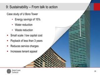 9: Sustainability – From talk to action
Case study of U Bora Tower
• Energy savings of 15%
• Water reduction
• Waste reduction
 Small scale / low capital cost

 Payback of less than 3 years
 Reduces service charges
 Increases tenant appeal

29
30

 