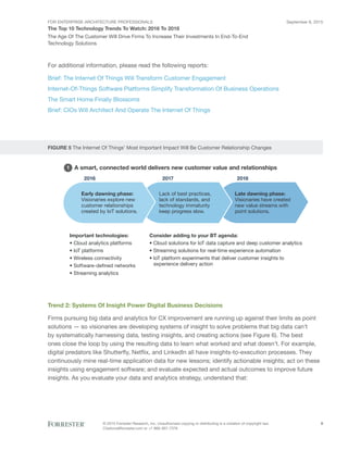FOR ENTERPRISE ARCHITECTURE PROFESSIONALS
The Top 10 Technology Trends To Watch: 2016 To 2018
September 8, 2015
© 2015 Forrester Research, Inc. Unauthorized copying or distributing is a violation of copyright law.
Citations@forrester.com or +1 866-367-7378
9
The Age Of The Customer Will Drive Firms To Increase Their Investments In End-To-End
Technology Solutions
Trend 2: Systems Of Insight Power Digital Business Decisions
Firms pursuing big data and analytics for CX improvement are running up against their limits as point
solutions — so visionaries are developing systems of insight to solve problems that big data can’t
by systematically harnessing data, testing insights, and creating actions (see Figure 6). The best
ones close the loop by using the resulting data to learn what worked and what doesn’t. For example,
digital predators like Shutterfly, Netflix, and LinkedIn all have insights-to-execution processes. They
continuously mine real-time application data for new lessons; identify actionable insights; act on these
insights using engagement software; and evaluate expected and actual outcomes to improve future
insights. As you evaluate your data and analytics strategy, understand that:
For additional information, please read the following reports:
Brief: The Internet Of Things Will Transform Customer Engagement
Internet-Of-Things Software Platforms Simplify Transformation Of Business Operations
The Smart Home Finally Blossoms
Brief: CIOs Will Architect And Operate The Internet Of Things
FIGURE 5 The Internet Of Things’ Most Important Impact Will Be Customer Relationship Changes
A smart, connected world delivers new customer value and relationships
2016 2017 2018
Early dawning phase:
Visionaries explore new
customer relationships
created by IoT solutions.
Lack of best practices,
lack of standards, and
technology immaturity
keep progress slow.
Late dawning phase:
Visionaries have created
new value streams with
point solutions.
Important technologies:
• Cloud analytics platforms
• IoT platforms
• Wireless connectivity
• Software-defined networks
• Streaming analytics
Consider adding to your BT agenda:
• Cloud solutions for IoT data capture and deep customer analytics
• Streaming solutions for real-time experience automation
• IoT platform experiments that deliver customer insights to
experience delivery action
1
 