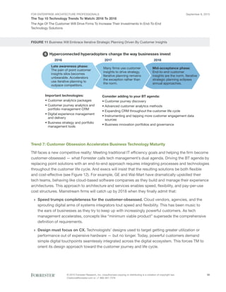 FOR ENTERPRISE ARCHITECTURE PROFESSIONALS
The Top 10 Technology Trends To Watch: 2016 To 2018
September 8, 2015
© 2015 Forrester Research, Inc. Unauthorized copying or distributing is a violation of copyright law.
Citations@forrester.com or +1 866-367-7378
20
The Age Of The Customer Will Drive Firms To Increase Their Investments In End-To-End
Technology Solutions
FIGURE 11 Business Will Embrace Iterative Strategic Planning Driven By Customer Insights
Hyperconnected hyperadopters change the way businesses invest
2016 2017 2018
Late awareness phase:
The pain of point customer
insights silos becomes
unbearable. Accelerators
use iterative planning to
outpace competitors.
Many firms use customer
insights to drive strategy.
Iterative planning remains
the exception rather than
the norm.
Mid-acceptance phase:
End-to-end customer
insights are the norm. Iterative
strategic planning eclipses
annual approaches.
Important technologies:
• Customer analytics packages
• Customer journey analytics and
portfolio management CRM
• Digital experience management
and delivery
• Business strategy and portfolio
management tools
Consider adding to your BT agenda:
• Customer journey discovery
• Advanced customer analytics methods
• Expanding CRM throughout the customer life cycle
• Instrumenting and tapping more customer engagement data
sources
• Business innovation portfolios and governance
6
Trend 7: Customer Obsession Accelerates Business Technology Maturity
TM faces a new competitive reality: Meeting traditional IT efficiency goals and helping the firm become
customer-obsessed — what Forrester calls tech management’s dual agenda. Driving the BT agenda by
replacing point solutions with an end-to-end approach requires integrating processes and technologies
throughout the customer life cycle. And execs will insist that the resulting solutions be both flexible
and cost-effective (see Figure 12). For example, GE and Wal-Mart have dramatically upskilled their
tech teams, behaving like cloud-based software companies as they build and manage their experience
architectures. This approach to architecture and services enables speed, flexibility, and pay-per-use
cost structures. Mainstream firms will catch up by 2018 when they finally admit that:
›› Speed trumps completeness for the customer-obsessed. Cloud vendors, agencies, and the
sprouting digital arms of systems integrators tout speed and flexibility. This has been music to
the ears of businesses as they try to keep up with increasingly powerful customers. As tech
management accelerates, concepts like “minimum viable product” supersede the comprehensive
definition of requirements.
›› Design must focus on CX. Technologists’ designs used to target getting greater utilization or
performance out of expensive hardware — but no longer. Today, powerful customers demand
simple digital touchpoints seamlessly integrated across the digital ecosystem. This forces TM to
orient its design approach toward the customer journey and life cycle.
 