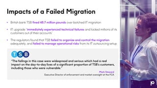 Impacts of a Failed Migration
• British bank TSB fined 48.7 million pounds over botched IT migration
• IT upgrade “immediately experienced technical failures and locked millions of its
customers out of their accounts”
• The regulators found that TSB failed to organize and control the migration
adequately, and failed to manage operational risks from its IT outsourcing setup
“The failings in this case were widespread and serious which had a real
impact on the day-to-day lives of a significant proportion of TSB’s customers,
including those who were vulnerable.”
Mark Steward
Executive Director of enforcement and market oversight at the FCA
 