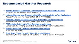 35 © 2020 Gartner, Inc. and/or its affiliates. All rights reserved. Gartner is a registered trademark of Gartner, Inc. and its affiliates.
For information, please contact your Gartner representative.
Recommended Gartner Research
Adopt a Mesh App and Service Architecture to Power Your Digital Business
Anne Thomas and Aashish Gupta (G00392875)
Not Just Microservices: Choose the Right Service Granularity for Your Applications
Aashish Gupta, Anne Thomas and Mark O’Neill (G00386955)
Mediated APIs: An Essential Application Architecture for Digital Business
Aashish Gupta, Anne Thomas and Mark O’Neill (G00351557)
API Mediation Is the Key to Your Multiexperience Strategy
Mark O’Neill, Jason Wong, Elizabeth Golluscio and Marty Resnick (G00353820)
Stream Processing: The New Data Processing Paradigm
Sumit Pal (G00378063)
The 5 Steps Toward Pervasive Event-Driven Architecture
Yefim Natis, Massimo Pezzini, Keith Guttridge and W. Roy Schulte (G00398057)
 